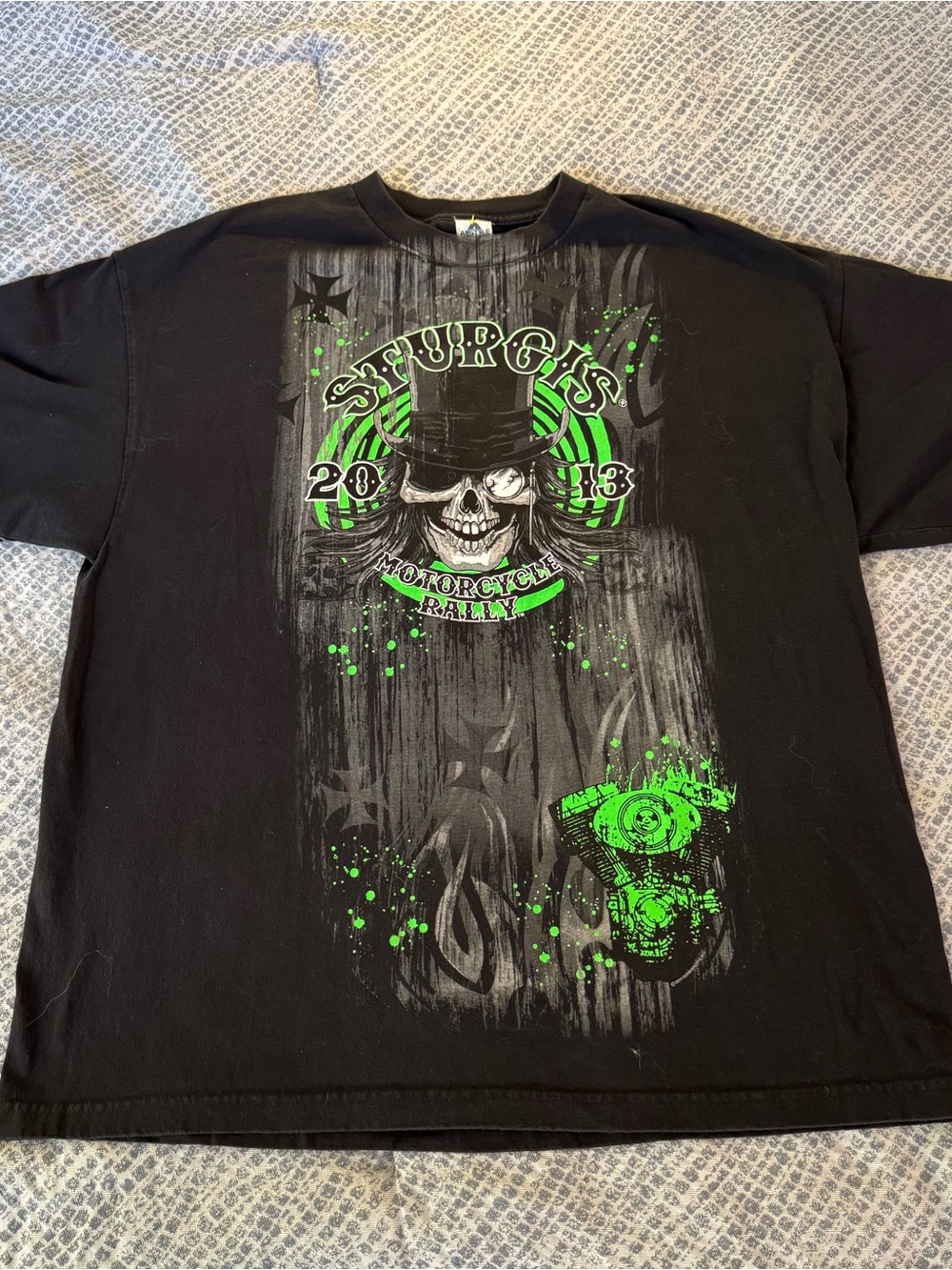 Alstyle Black Sturgis T-Shirt with Neon Green Skull Motorcycle Rally